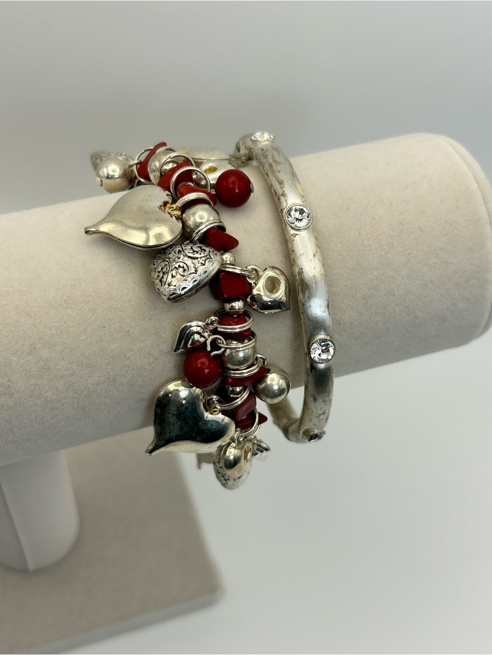Vintage Bracelets Qty 2 Red & Silver Tone Beads & Charms Stretch Hinged Bangle